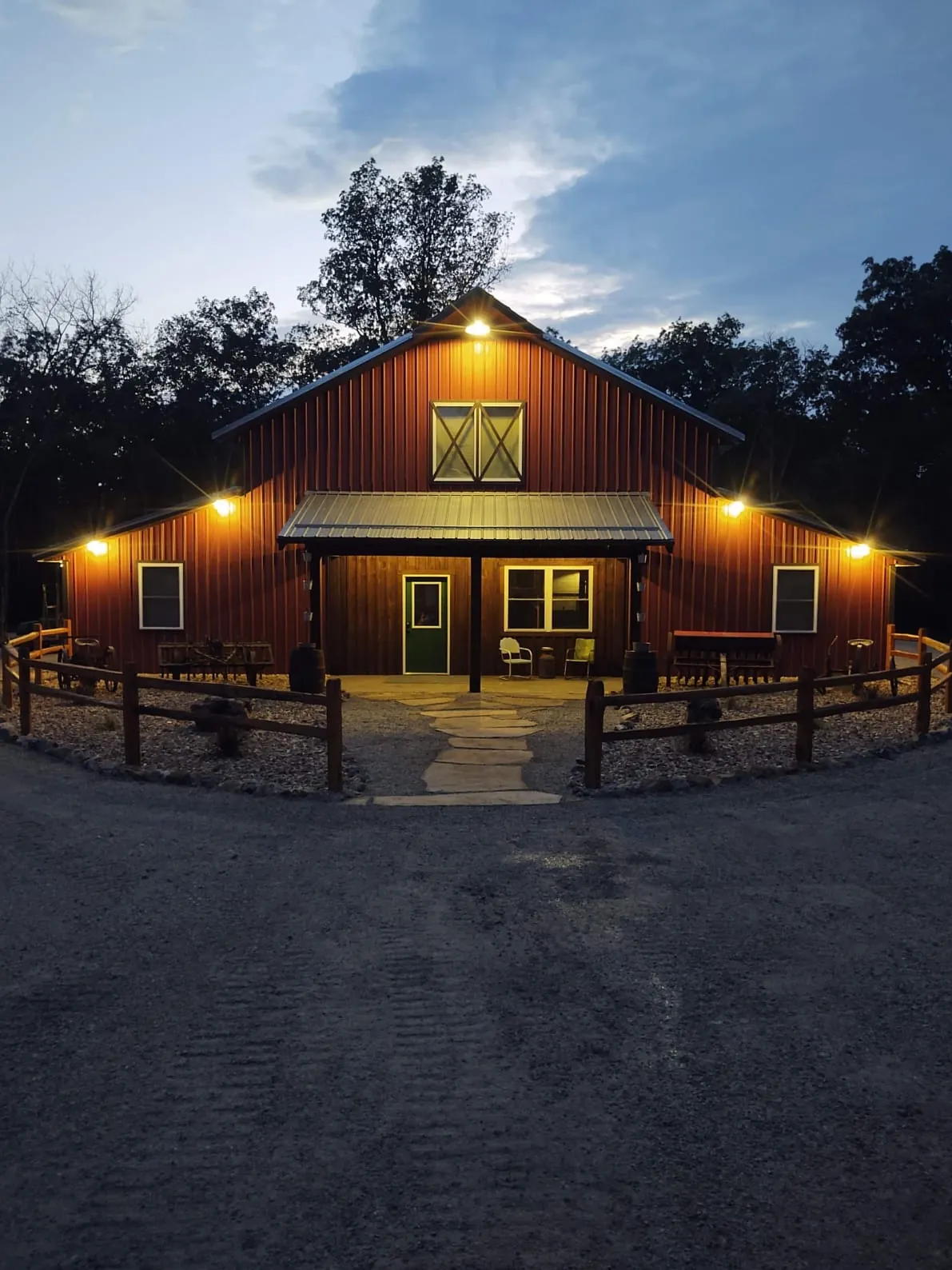 Shagbark Ridge Barn Lodge at night