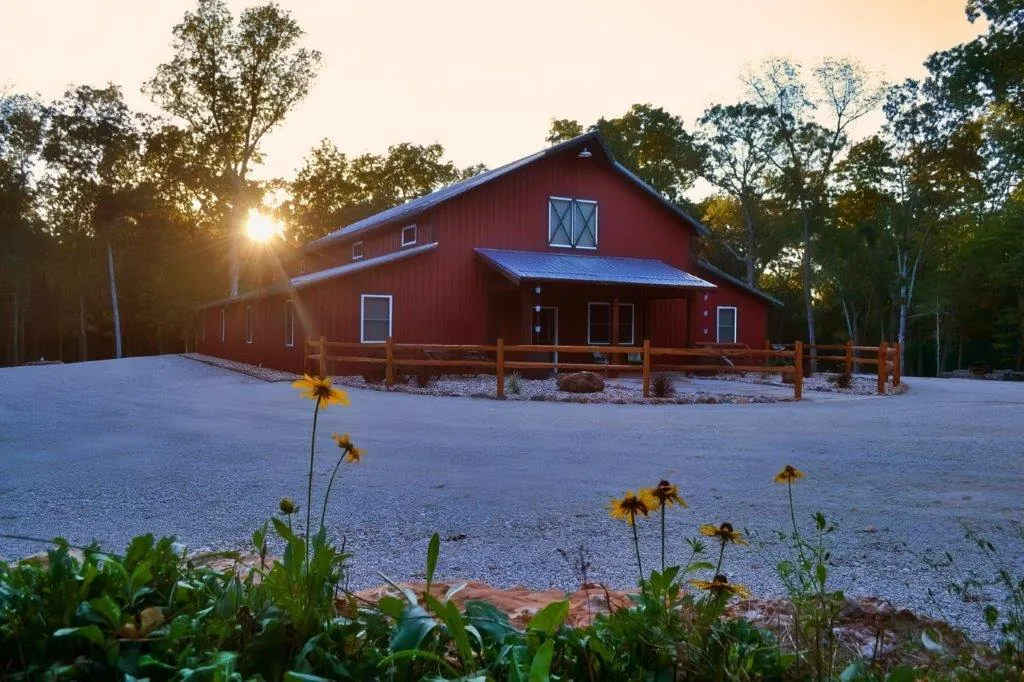 Lodge at golden hour with wildflowers