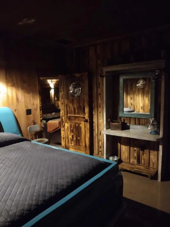 Vanity and bathroom entrance