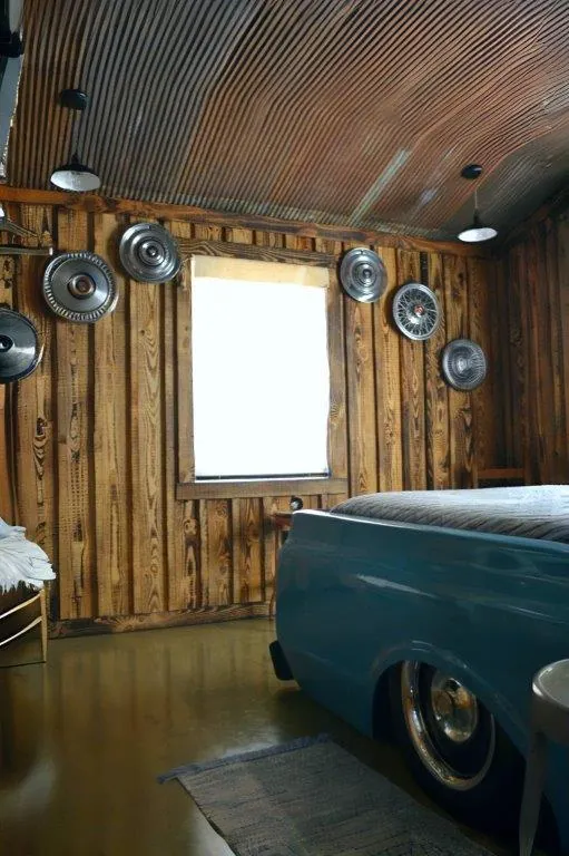 Hubcaps and corrugated ceiling